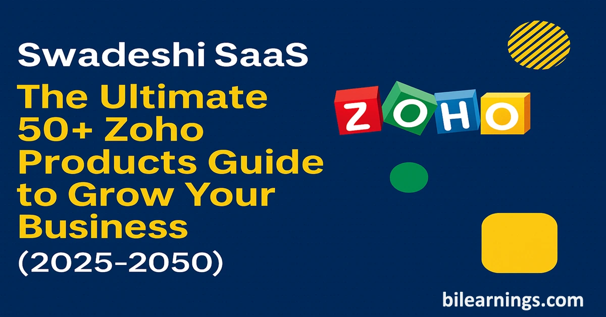 Swadeshi SaaS 50+ Zoho apps guide illustration showing Made in India SaaS tools for business growth