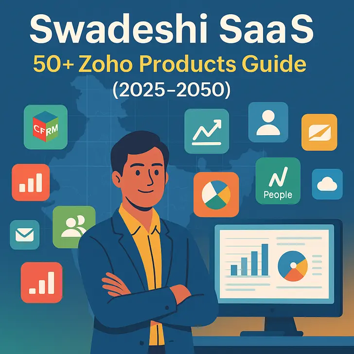 Swadeshi SaaS 50+ Zoho apps guide illustration showing Made in India SaaS tools for business growth