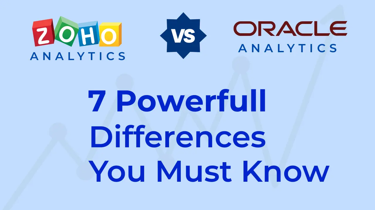 Zoho Analytics vs Oracle Analytics comparison chart highlighting 7 key differences in performance, features, pricing, integrations, support, and business suitability.