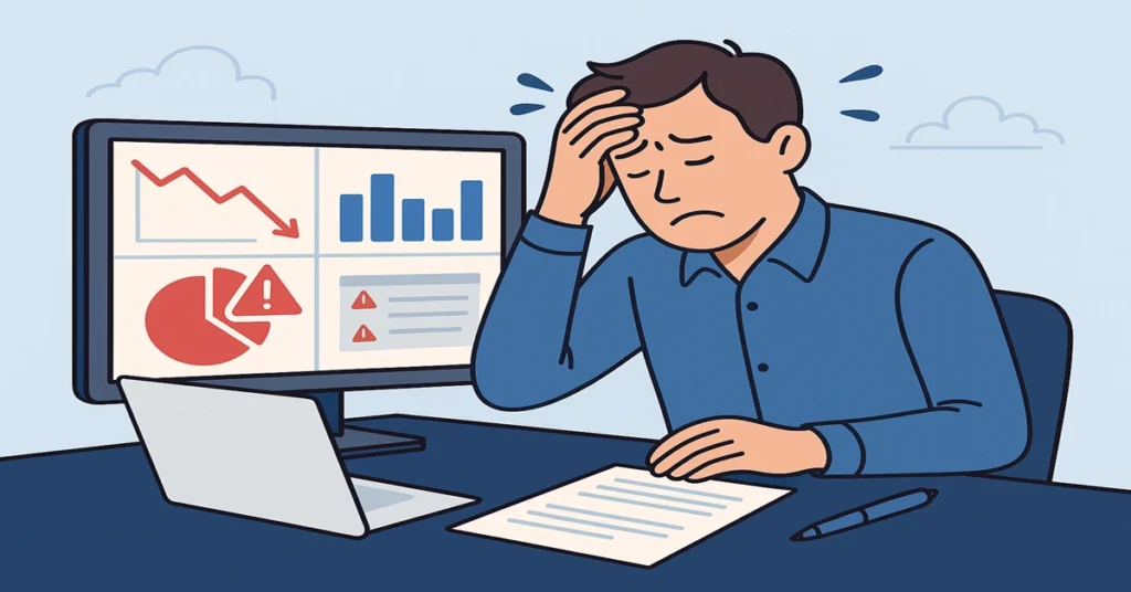 Split image comparing a successful BI dashboard with upward trends and a failed BI dashboard showing declining charts and warning icons for small business analysis