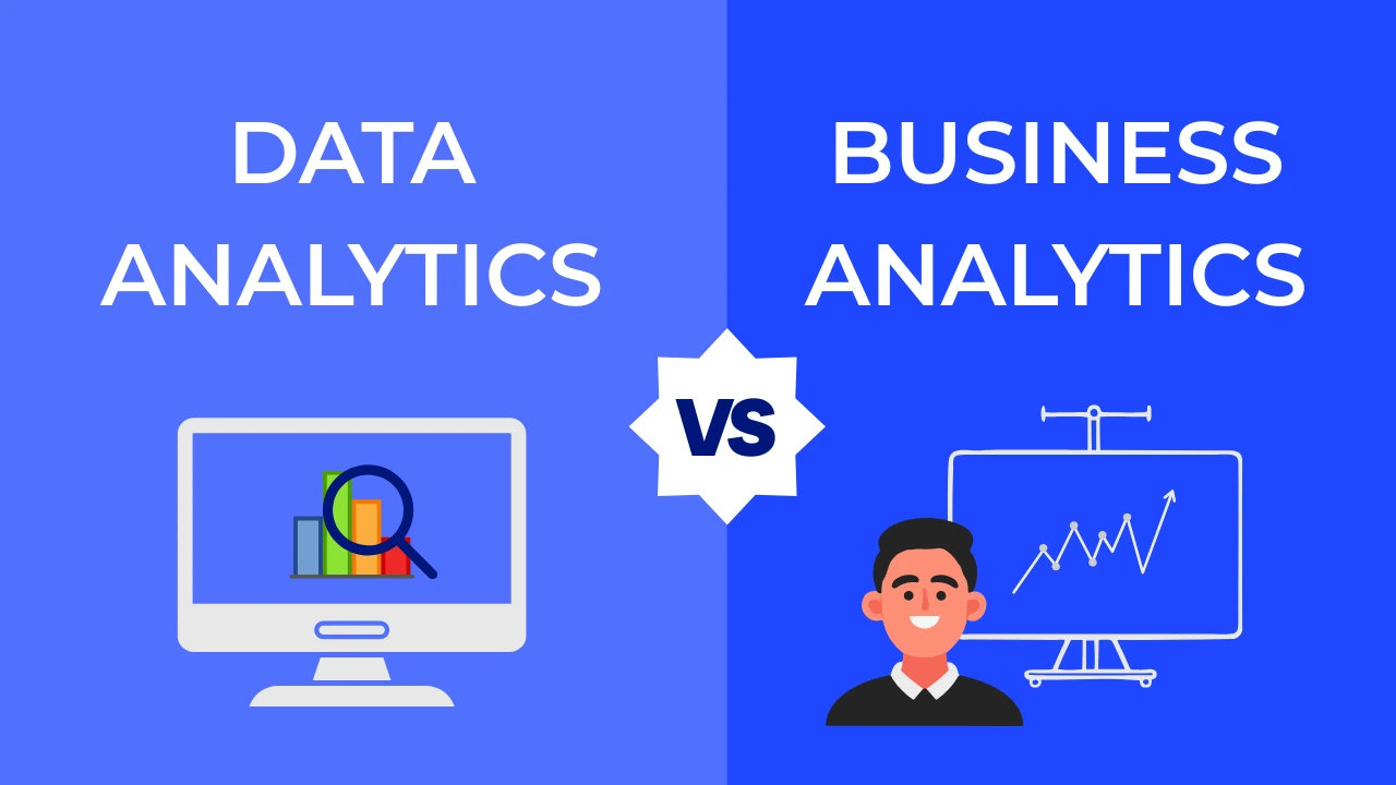 Visual comparison of data analytics vs business analytics showing data charts and business growth icons side by side