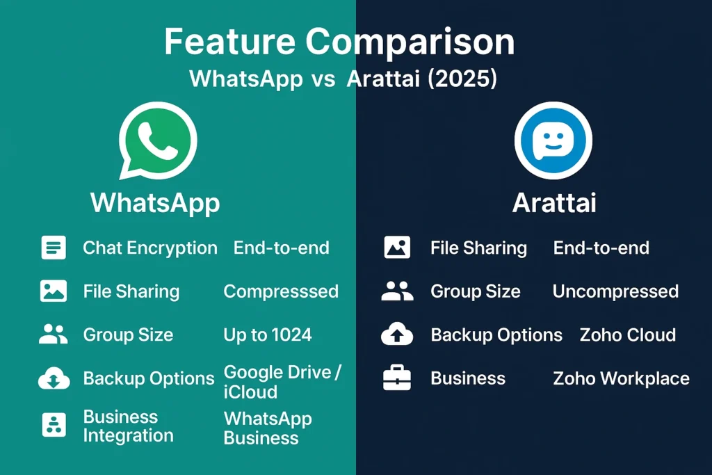 Feature comparison infographic showing WhatsApp vs Arattai differences in chat encryption, file sharing, group size, backup options, and business integration for 2025.