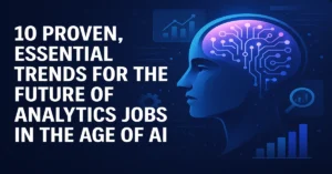 A futuristic digital illustration showing a glowing AI brain inside a human head with data charts and graphs, symbolizing the future of analytics jobs in the age of AI and technology transformation.