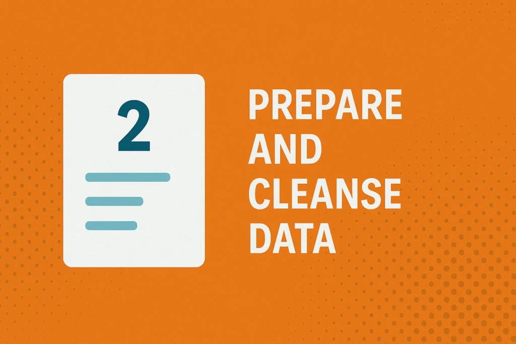 Step 2 of Excel to Zoho Analytics migration showing prepare and cleanse data checklist on orange background