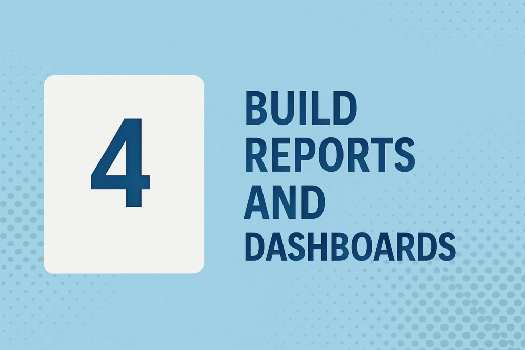 Step 4 of Excel to Zoho Analytics migration showing build reports and dashboards on light blue background