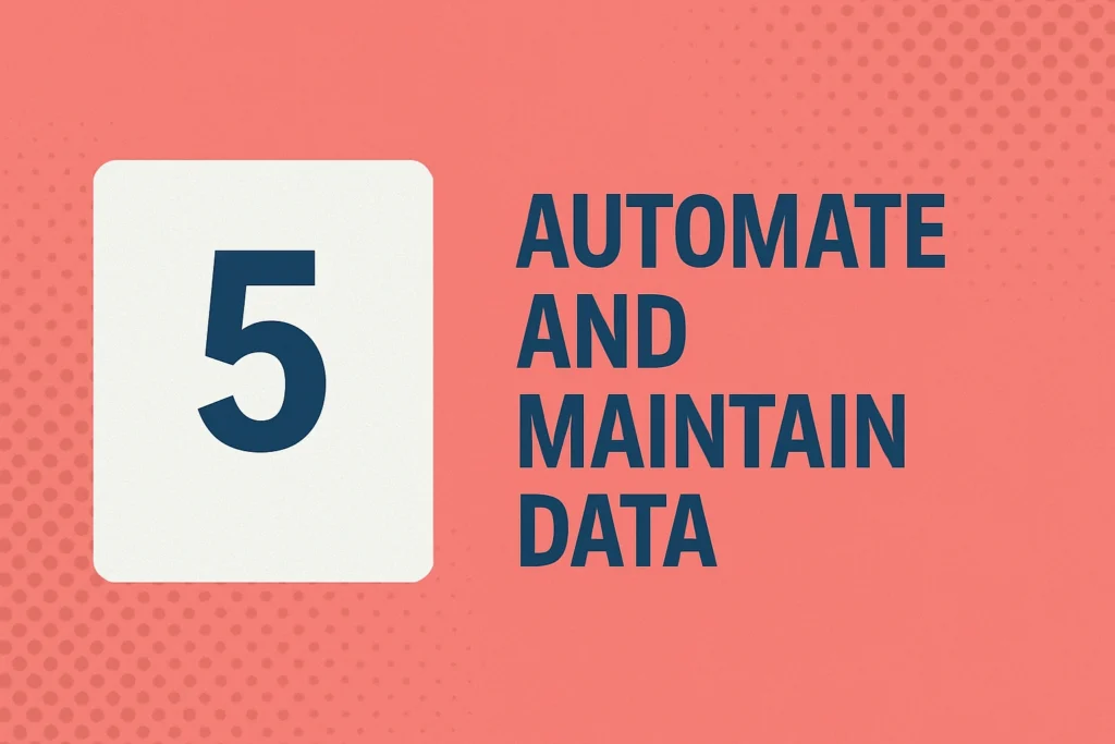 Step 5 of Excel to Zoho Analytics migration showing automate and maintain data on coral-red background