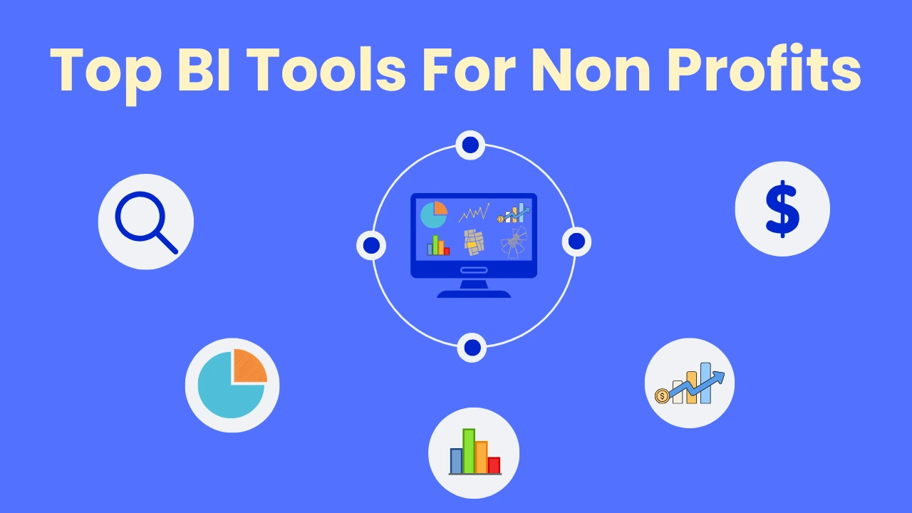Top BI Tools for Nonprofits – Data visualization icons with laptop chart, heart, and graphs on a blue background