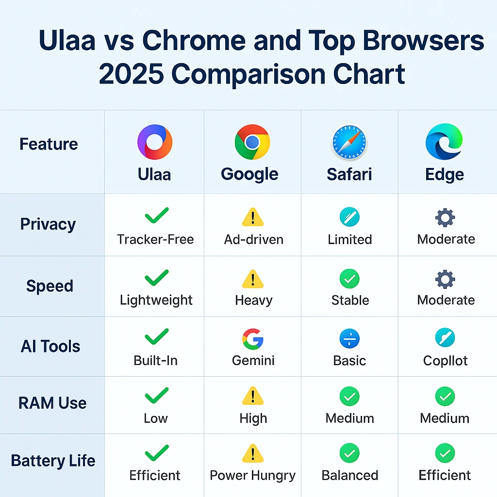 Ulaa vs Chrome and top browsers 2025 comparison chart showing privacy, speed, AI tools, RAM usage, and battery life across Ulaa, Google Chrome, Safari, Edge, and Brave.