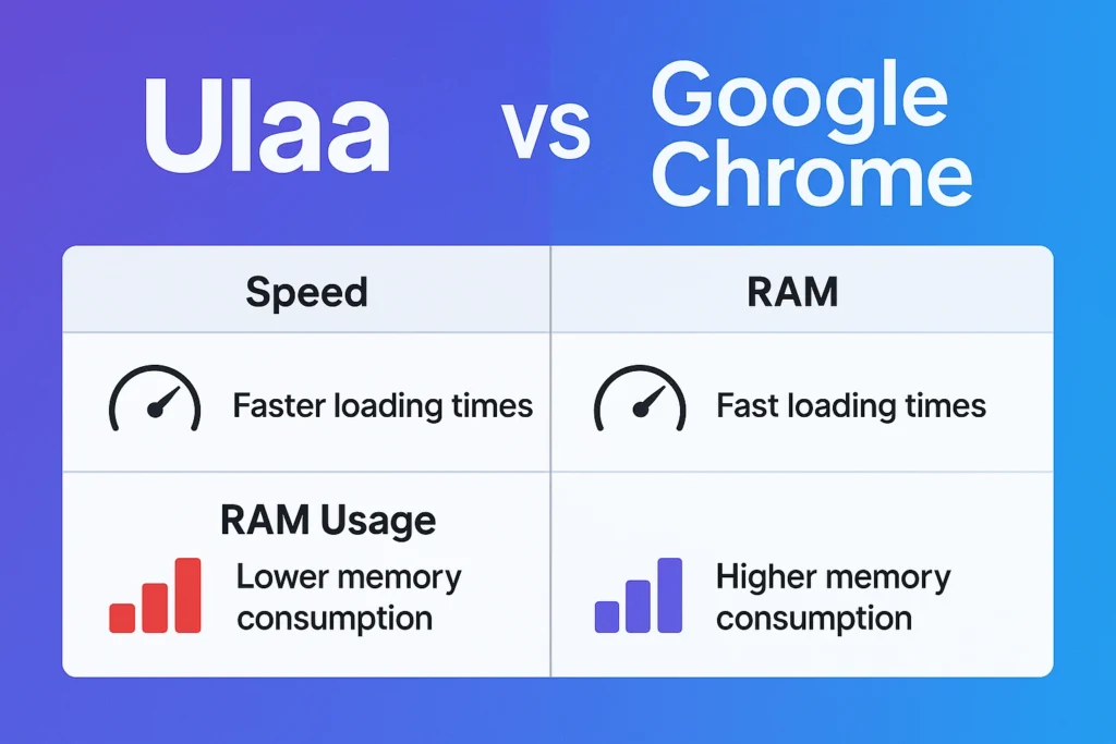 Performance and RAM usage chart comparing Ulaa vs Google Chrome in 2025 highlighting faster loading speed and lower memory consumption in Ulaa
