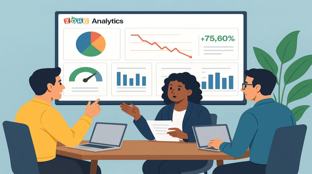 Team analyzing Zoho Analytics dashboard to fix small business BI mistakes and improve data accuracy and performance.