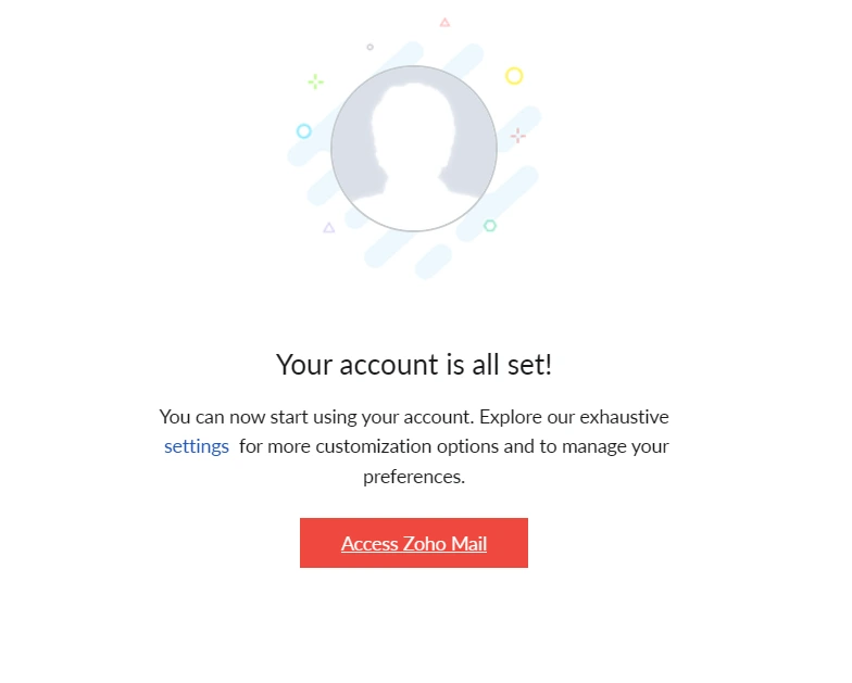 Zoho mail setup completion message with all set
