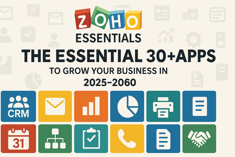Zoho Products 30+ Apps Guide 2025–2060 showing colorful app icons for CRM, email, analytics, projects, inventory, and business tools